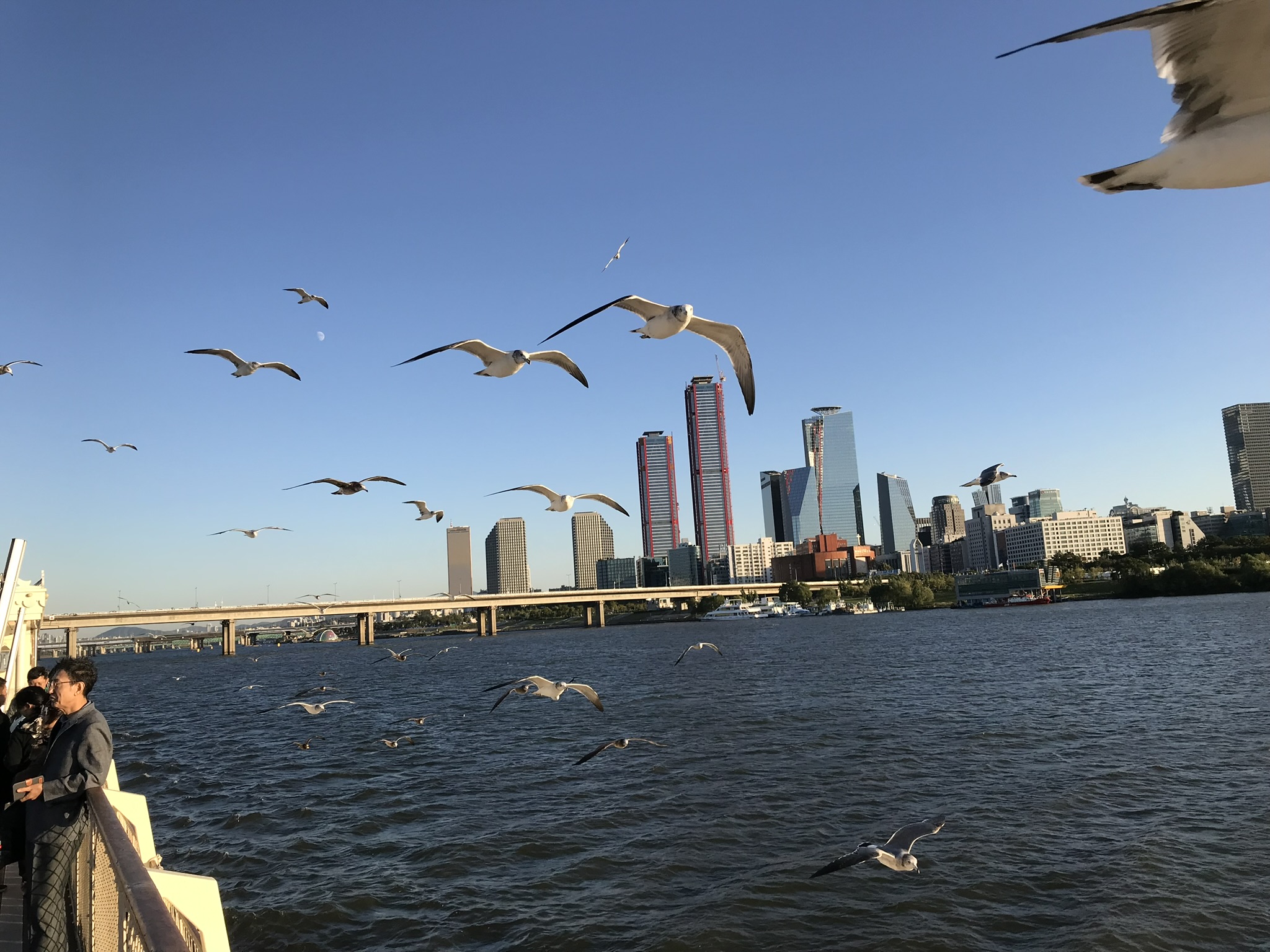 Wide panorama of the Han River and city skyline in Seoul, South Korea.