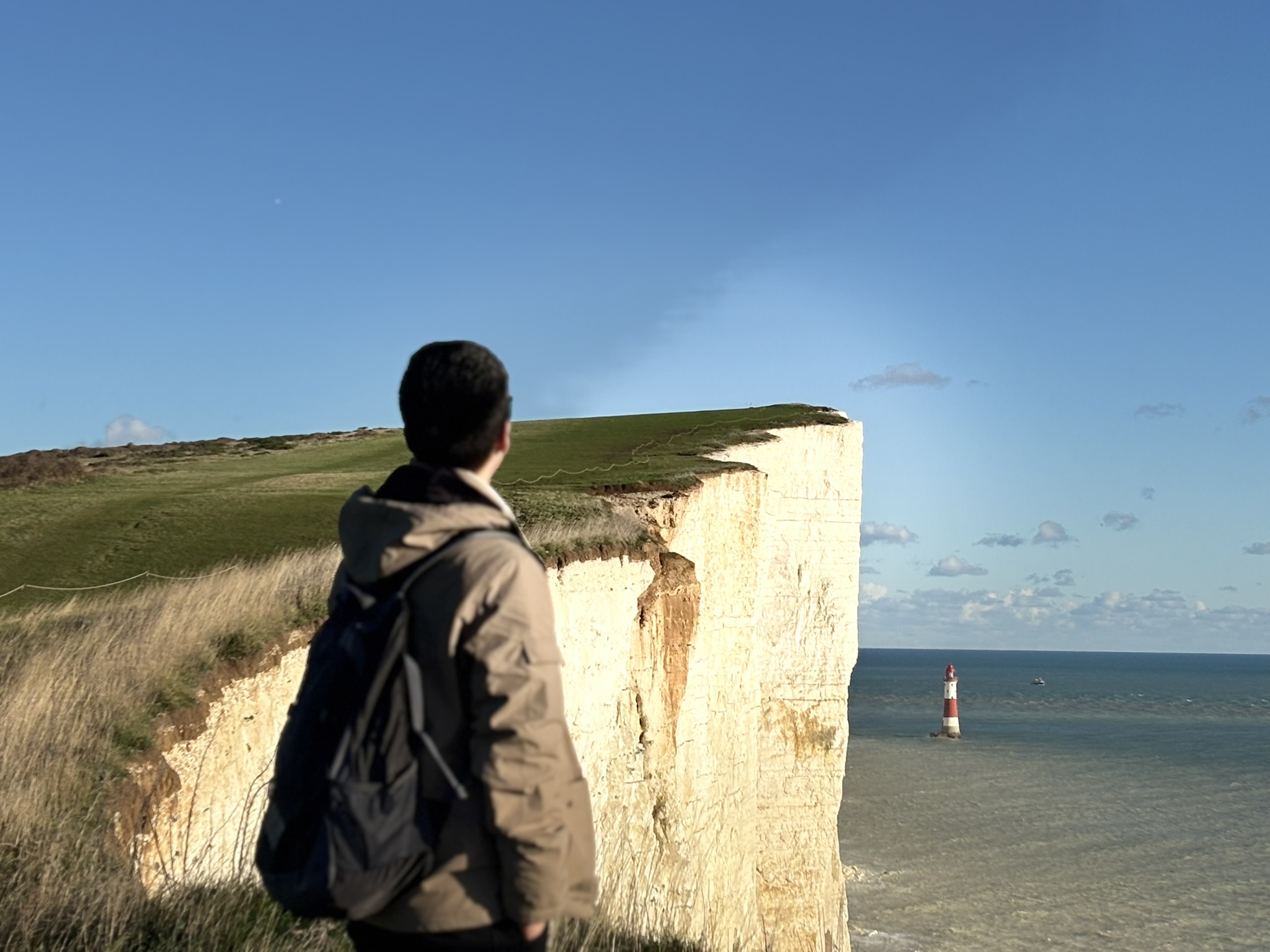 Dramatic white chalk cliffs of Seven Sisters along the English Channel in East Sussex.